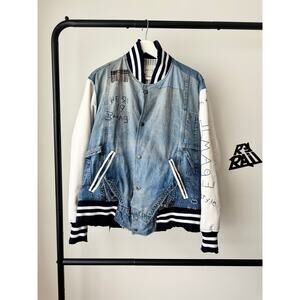 Greg Lauren Denim Ivory Satin Varsity Distressed Jacket